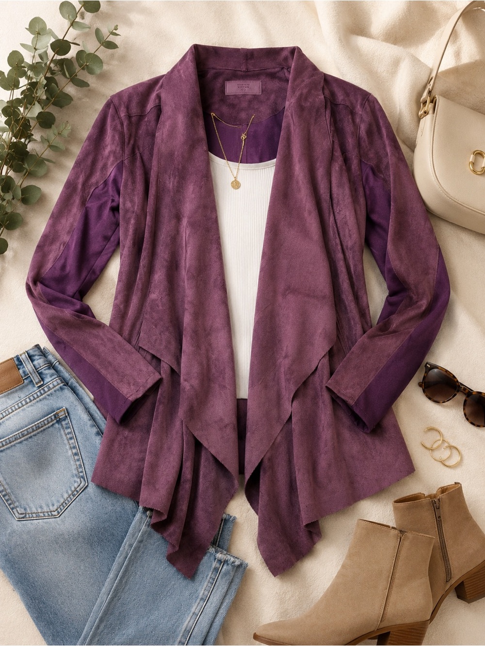 BLANKNYC Faux Suede Waterfall Drape Jacket Plum Purple Size Small